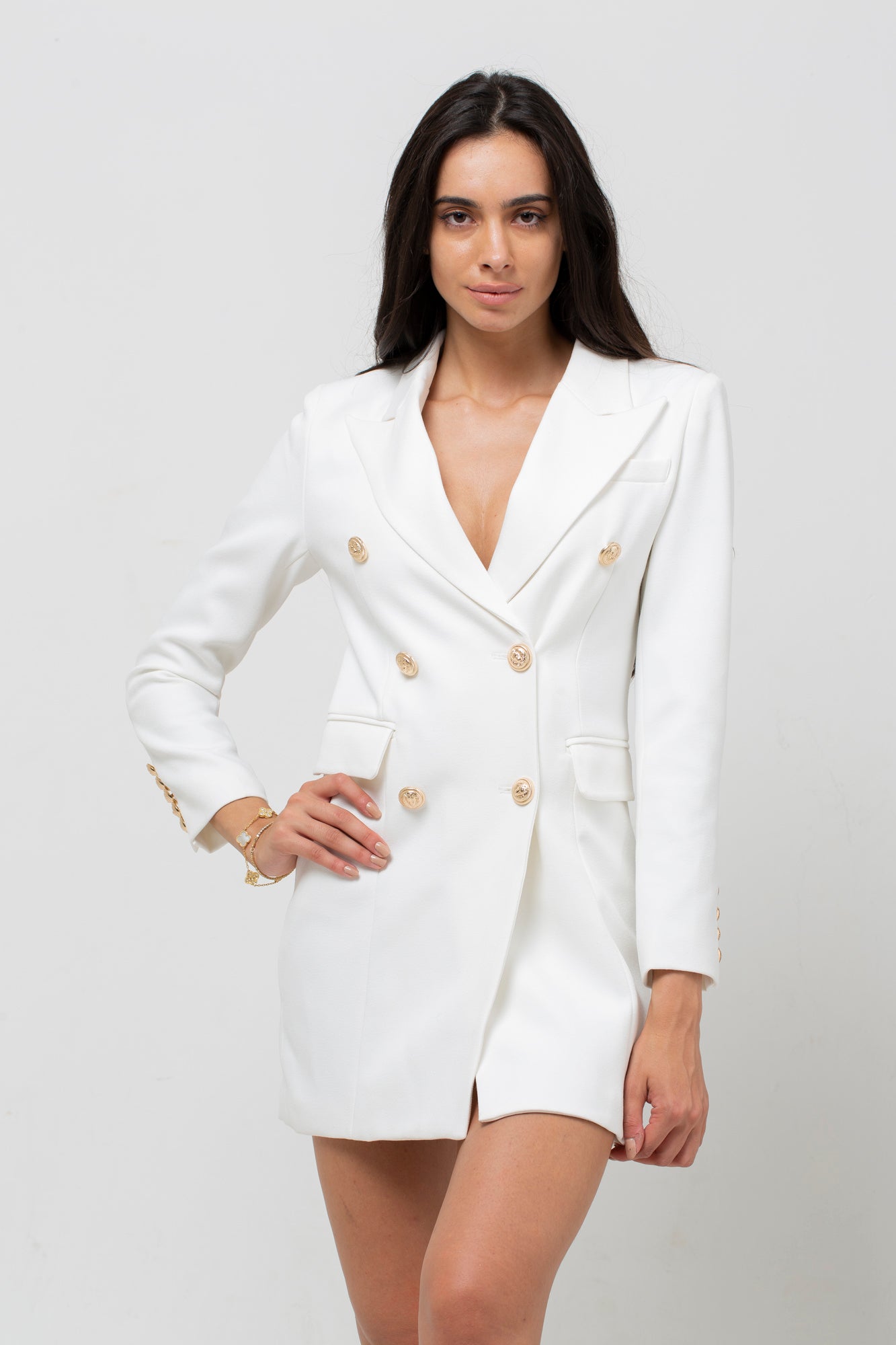 WHITE LONG SLEEVE GOLD BUTTON BLAZER ...